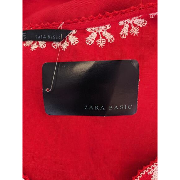 New Zara Basic Size Large Embroidered Shift Dress Red White Linen Short Sleeves - Picture 4 of 16